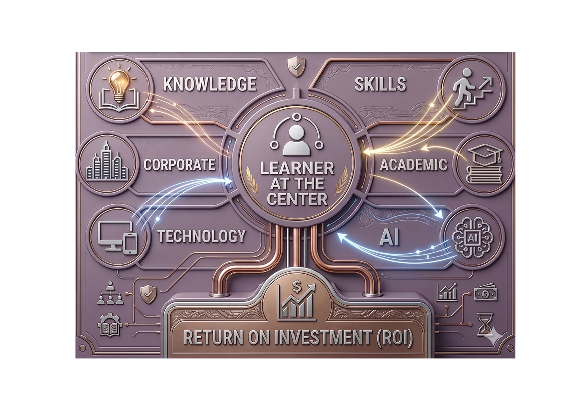 Learner at the center — knowledge, skills, AI, technology, corporate, ROI framework